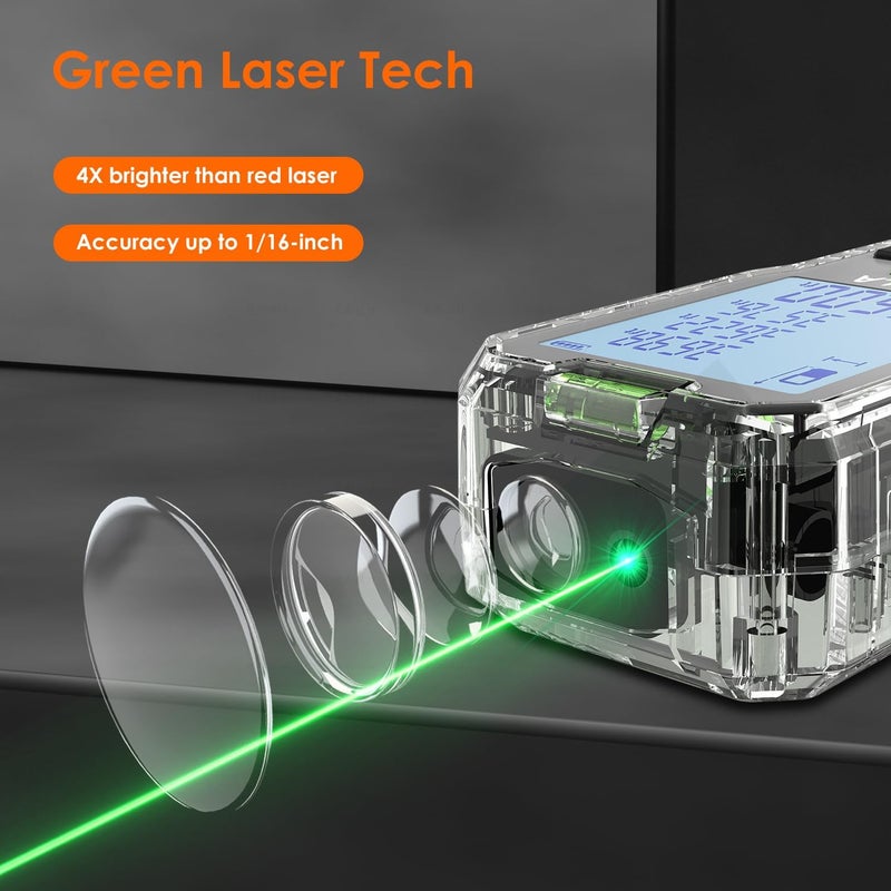 Bilipala Laser Distance Measuring Tool, 100M/328ft Laser Measure, ±2mm Accuracy Laser Distance Meters with Backlit LCD, Measuring Distance, Area, Volume, Pythagorean Mode for Indoor/Outdoor Use(Green Laser) - Image 1